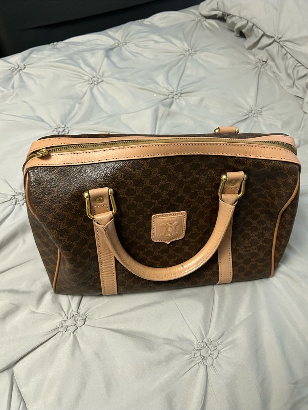 Celine Brown Monogram Travel Satchel with Tan Leather Trim